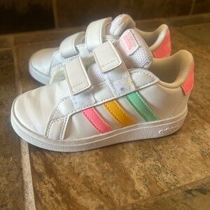 Adidas Toddler Size 9 Sneakers with Pink, Yellow, and Green Stripes